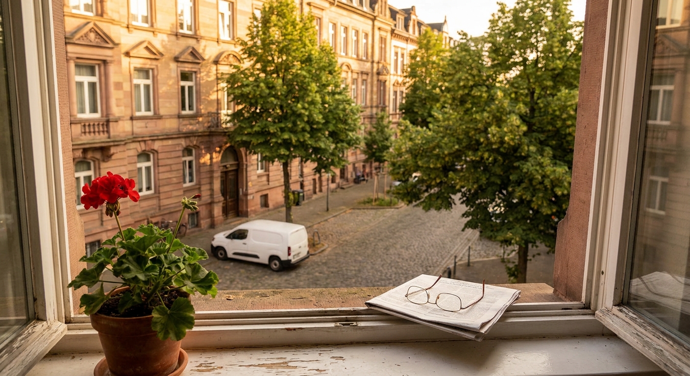 Wohnstraße in Frankfurt-Bockenheim bei Abendlicht mit Altbaufassaden und Blumen am Fenster