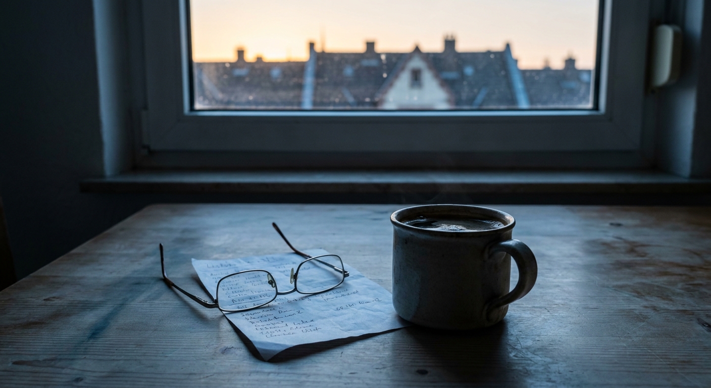 Unberührte Kaffeetasse und unscharfe Notizen auf einem Küchentisch im frühen Morgenlicht
