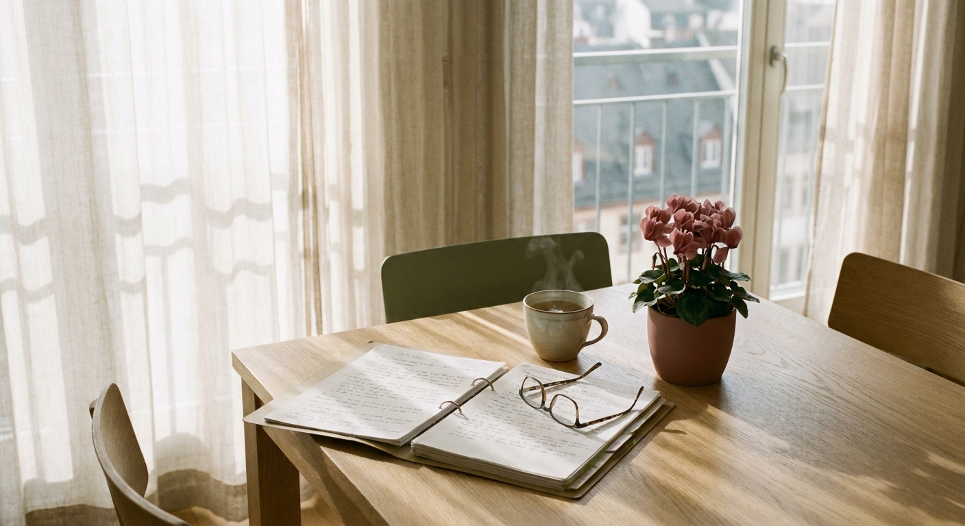 Küchentisch mit Beratungsunterlagen, Lesebrille und Teetasse im Morgenlicht einer Frankfurter Wohnung