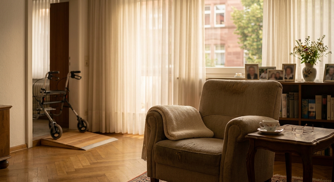 Gemütliches Frankfurter Altbauwohnzimmer mit Sessel, Gehhilfe und warmem Morgenlicht als Symbol häuslicher Pflege
