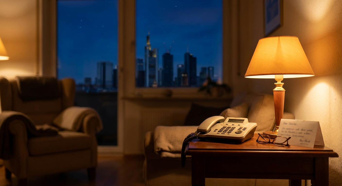 Telefon auf Nachttisch bei Nacht mit Frankfurter Skyline im Hintergrund als Symbol für Rufbereitschaft