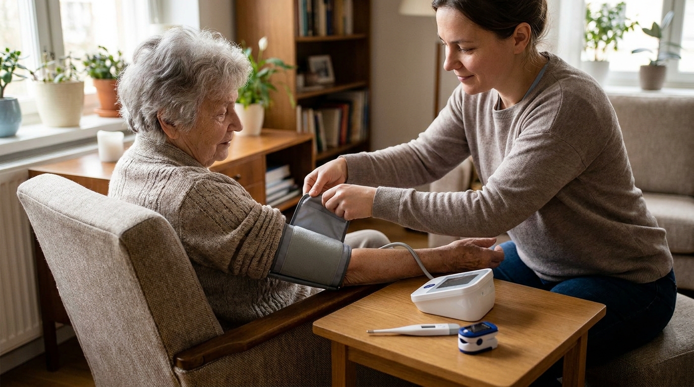Angehörige legt einer sitzenden älteren Person zu Hause eine Blutdruckmanschette am Oberarm an