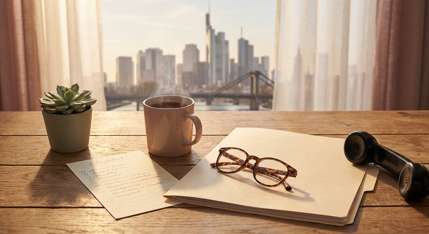 Organisierter Küchentisch mit Unterlagen, Brille und Teetasse bei Morgenlicht mit Frankfurter Skyline im Hintergrund