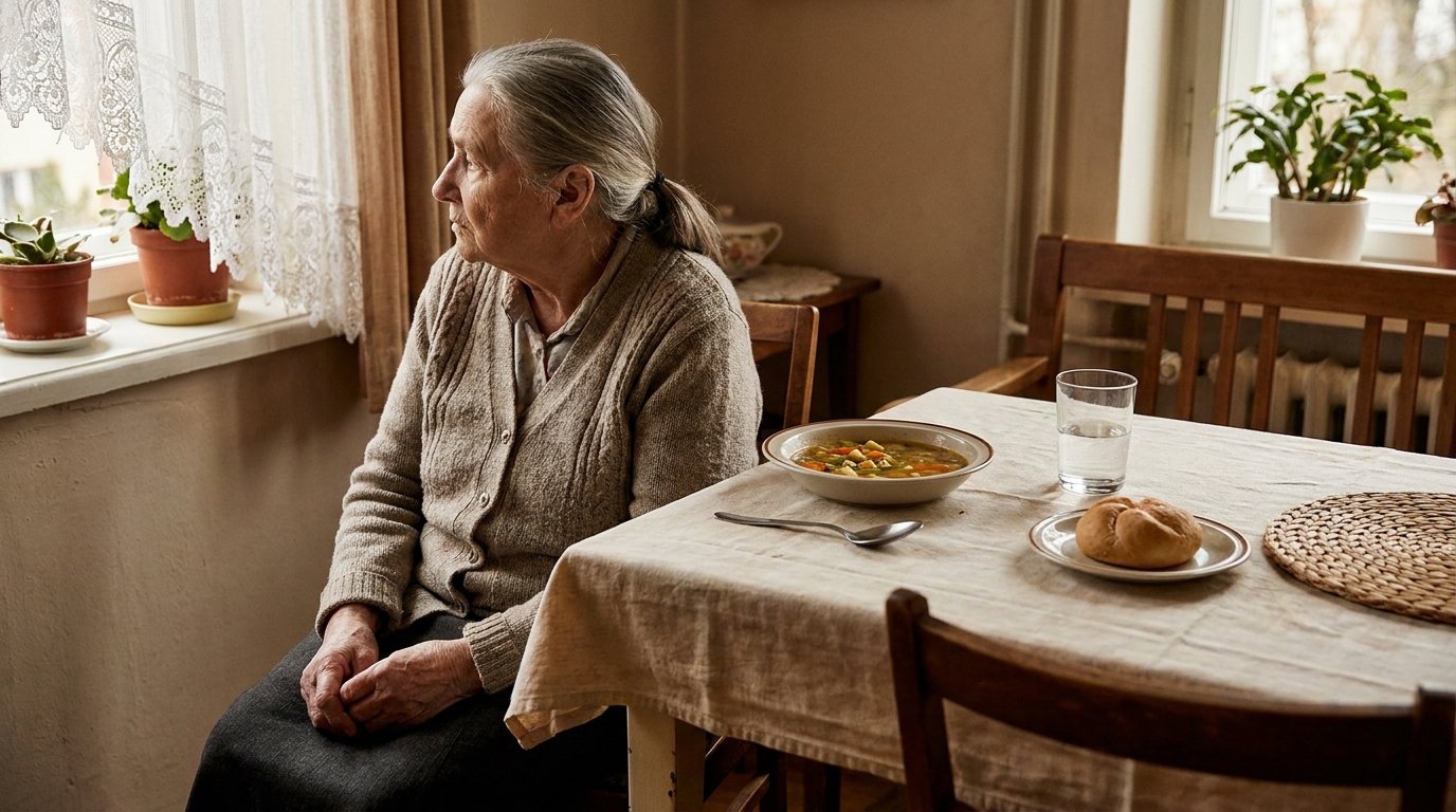 image-1785913246722 Ältere Frau sitzt vor kaum angerührter Suppe und einem halbvollen Wasserglas am Esstisch