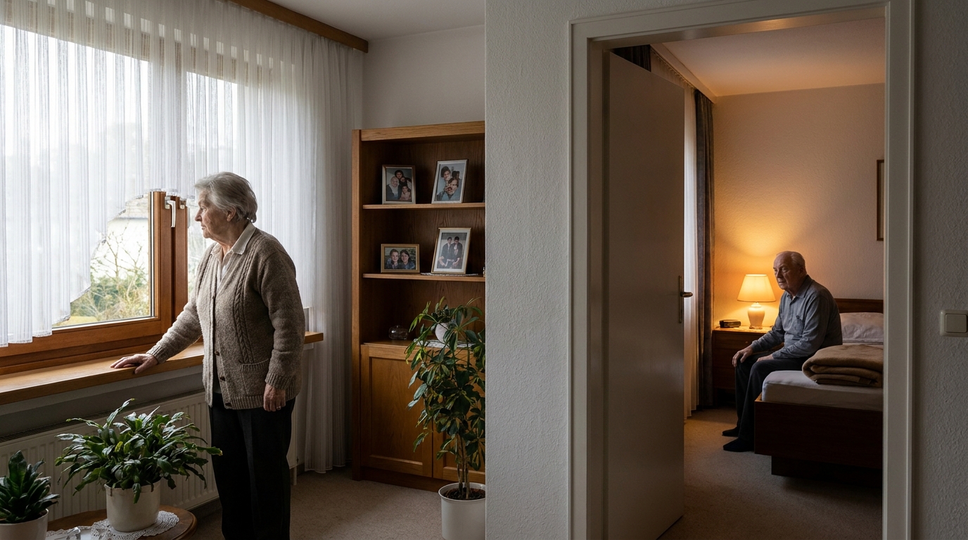 image-1787727683780 Ältere Frau steht selbstständig am Fenster, während ein älterer Mann abends wach auf dem Bettrand sitzt