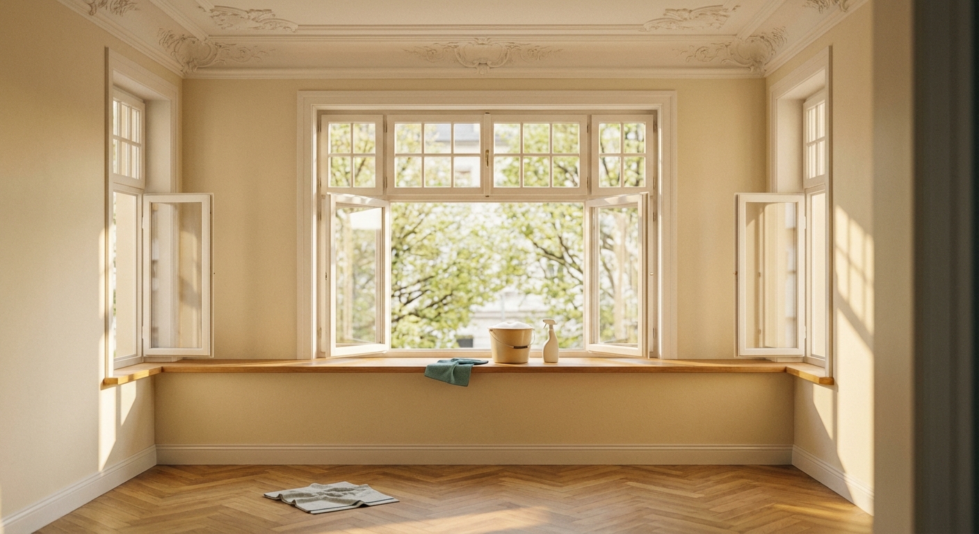 Lichtdurchflutete Altbauwohnung mit hohen Decken, Putzutensilien auf Fensterbank, Frühlingslicht